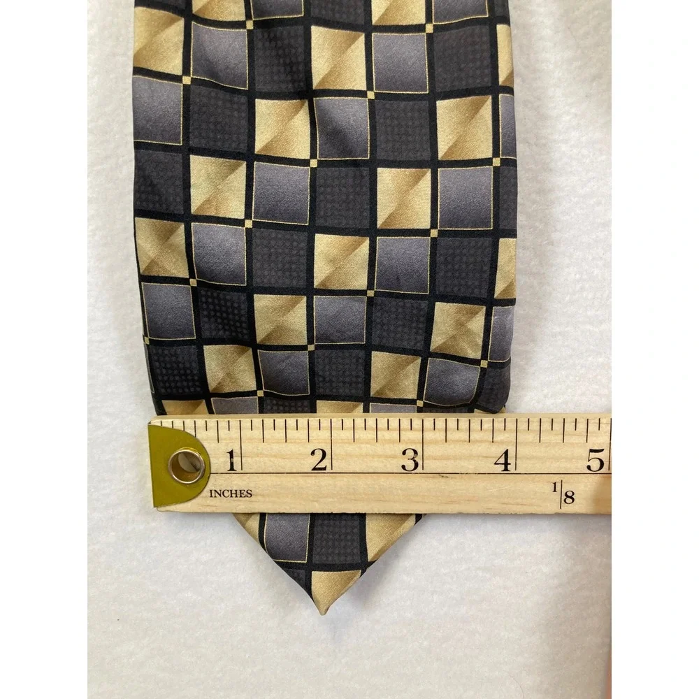 Knightsbridge Silk Tie Mens OS Gold Black Gray‎ Geometric Checkerboard Pattern